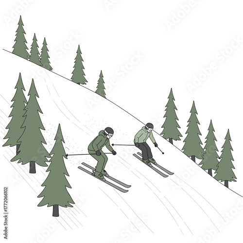 Two skiers descending a snowy mountain slope surrounded by pine trees, winter sports illustration.