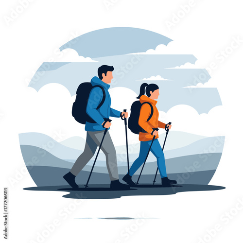 Couple hiking with backpacks and trekking poles in a scenic mountain landscape under cloudy sky.
