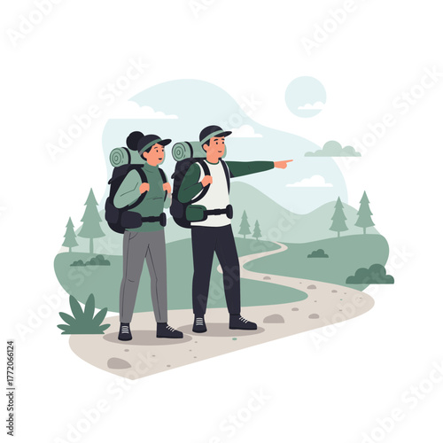 Man and woman hikers with backpacks on a trail, pointing towards a scenic mountain and forest view.