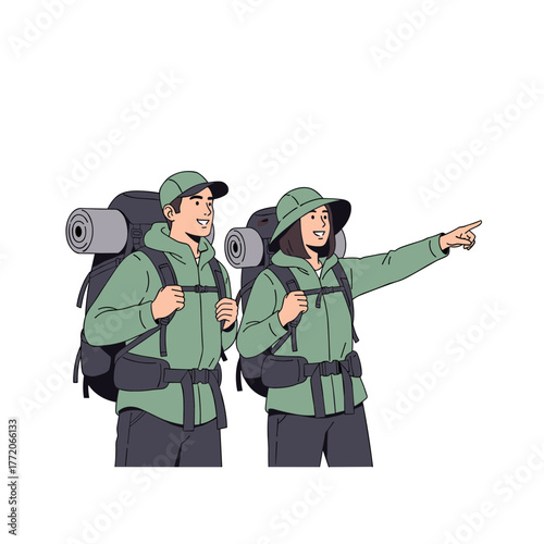 Two smiling hikers with large backpacks pointing towards a destination, outdoor adventure.