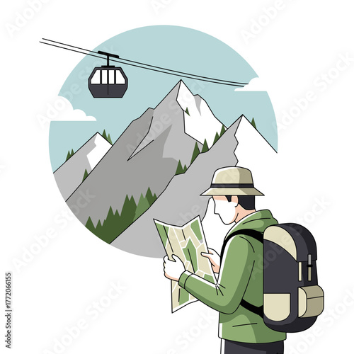 Hiker with backpack reading a map in front of a mountain landscape with a cable car, travel planning.