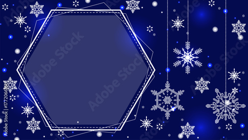 クリスマスカラーの、美しい雪の結晶と16:9サイズのテンプレート