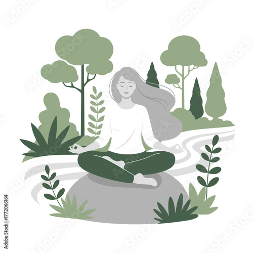 Woman meditating in a peaceful forest setting on a rock, promoting mindfulness and nature connection.