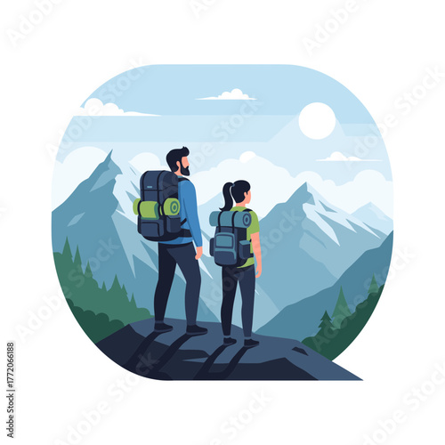 Two hikers with backpacks admiring a panoramic mountain vista, representing outdoor adventure.
