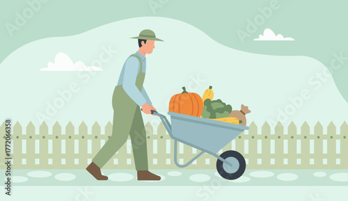 A farmer in overalls pushes a wheelbarrow full of freshly harvested vegetables, including a pumpkin, symbolizing the autumn harvest and rural farm life