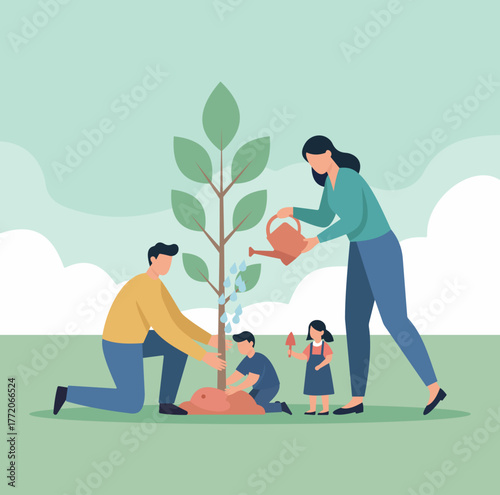 A family works together to plant a tree, symbolizing teamwork, environmental care, and nurturing growth for the future