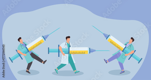 Doctors and medical staff carry giant syringes, symbolizing a mass vaccination campaign, immunization, and the urgent distribution of vaccines for public health