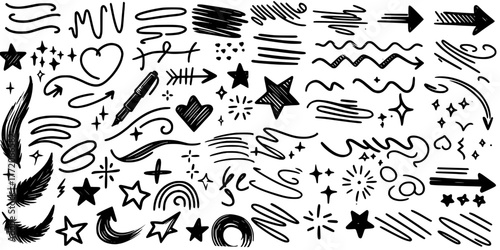 Playful Marks: Hearts, Stars, and Scribbles, A playful arrangement of sketchy icons, from pencils to stars and squiggles