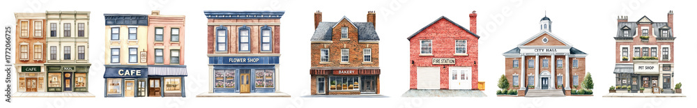 Fototapeta premium PNG Charming vintage storefront illustrations, element set on transparent background