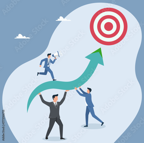 Flat vector illustration of business teamwork lifting an upward arrow towards a target, symbolizing growth, motivation, and goal achievement