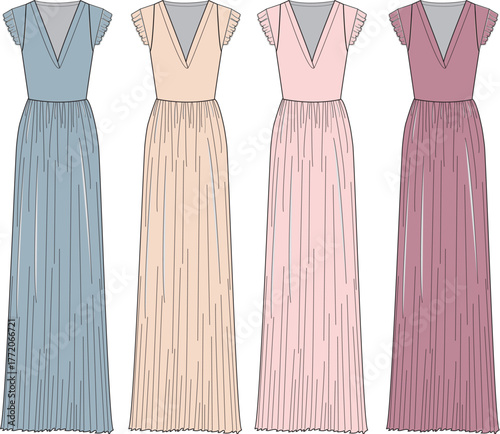 Elegant Pleated Maxi Dresses in Pastel Colors Fashion Illustration