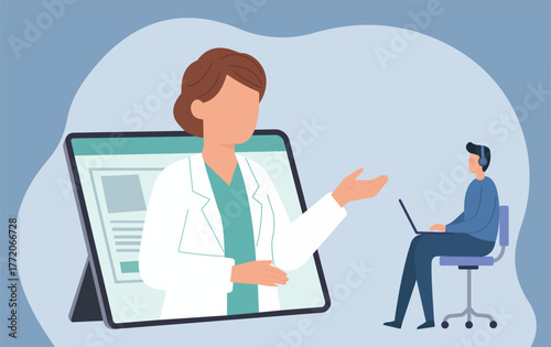 A flat vector illustration of a telemedicine session: a doctor on a large screen gesturing to a seated patient using a laptop with headphones