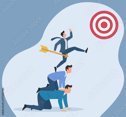 Teamwork in business: professionals form a human pyramid, top one leaps with arrow towards bullseye, symbolizing collaboration for goal achievement