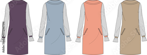 Colorful vector flat sketches of women's long-sleeved dresses, showcasing apparel design, clothing patterns, and technical garment specifications
