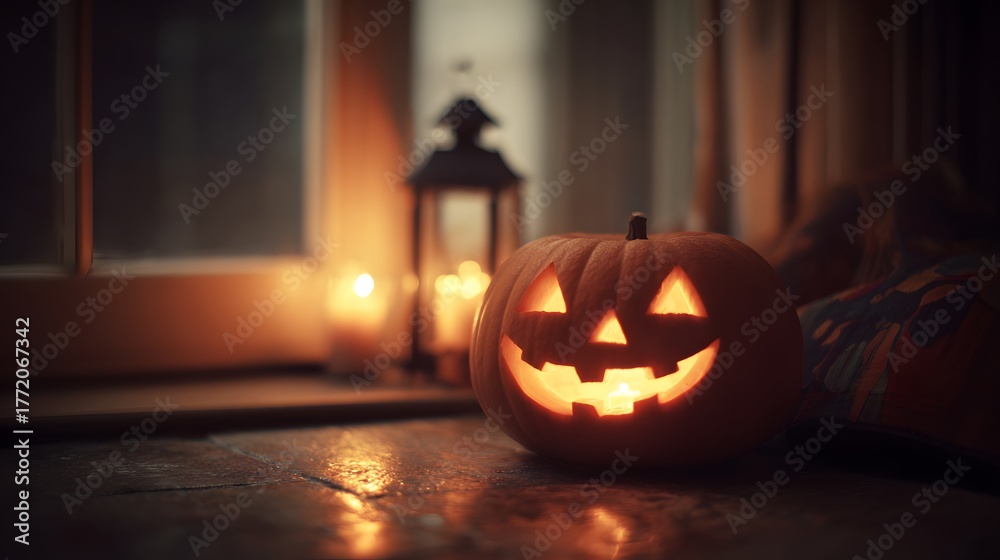 Fototapeta premium Illuminated carved pumpkin sits glowing warmly indoors near a window at night