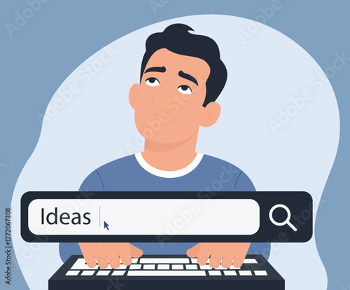 A thoughtful man searches for "Ideas" on a computer, symbolizing creative brainstorming and online inspiration