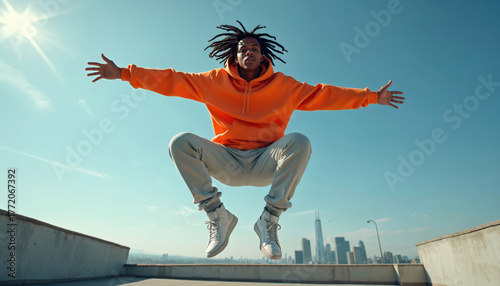 Young Black man jumps high in air on city rooftop, arms spread wide. Wears orange hoodie, grey pants, white sneakers. City skyline, blue sky, bright sun. Expresses freedom, energy, urban youth style,