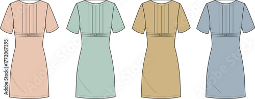 Set of women's dresses with short sleeves and pintuck detailing on the bodice. Technical fashion flat sketch vector illustration in pastel colors