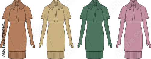 Collection of four fashionable women's dresses in various earth and pastel tones