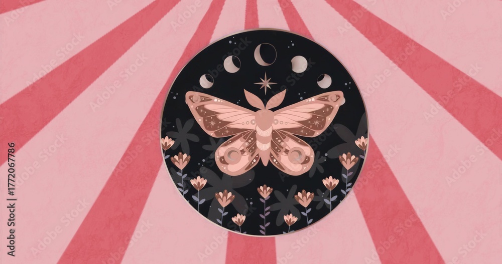 Fototapeta premium Displaying stylized moth and moon phases in abstract circular design, with florals and pink rays