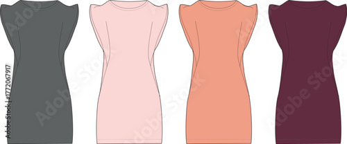 Set of sleeveless mock neck bodycon dresses in multiple colors. Fashion technical flat sketch template for apparel design