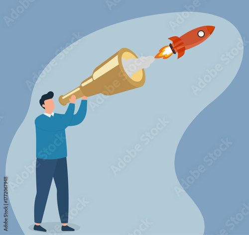 A person launches a rocket from a telescope, symbolizing visionary innovation, exploration, and ambitious future goals in flat vector style