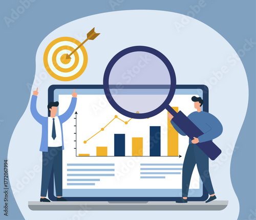 Business professionals analyzing growth charts on laptop via magnifying glass, targeting success goals