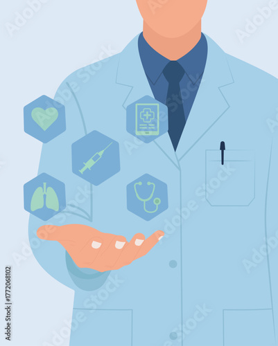 A doctor presents hexagonal medical icons (heart, lungs, syringe, stethoscope, tablet) symbolizing healthcare services and tools in flat vector style