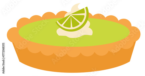 Bright, whimsical illustration of a zesty key lime pie with a fresh lime wedge. Perfect for menus, blogs, or dessert themes.