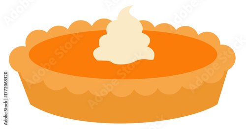 Flat design pumpkin pie with whipped cream, perfect for holiday menus or autumn themes.