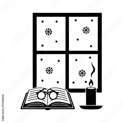 Vector art of book and glasses by the window with snow
