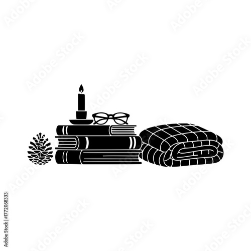 Vector art of still life with books, candle, glasses and blanket