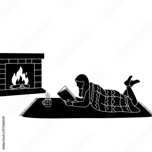 Vector art of woman reading a book by the fireplace, wrapped in a blanket