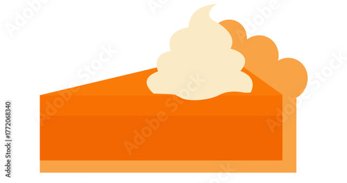 Flat design illustration of a classic pumpkin pie slice with whipped cream.