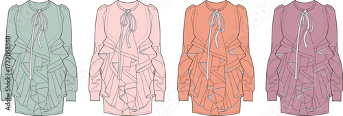 Romantic and feminine long-sleeve mini dress technical flat sketch collection. Vector illustration set for apparel design with various color options