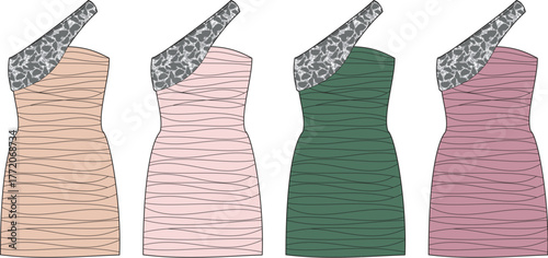 Collection of elegant one-shoulder ruched mini dresses in diverse color palettes, perfect for fashion design concepts and apparel illustration templates