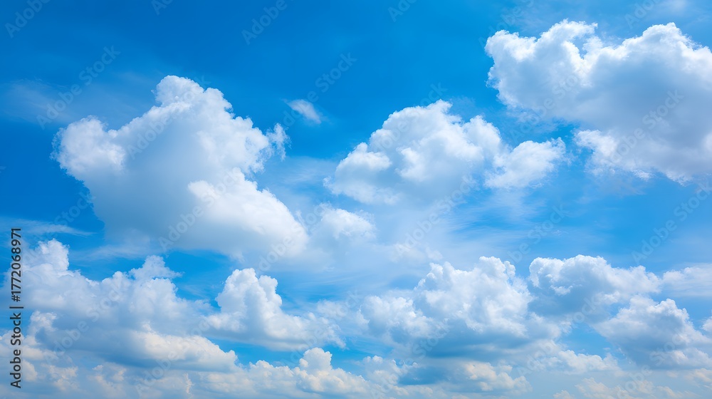 Fototapeta premium Fluffy white cumulus clouds drift across a vibrant blue expanse overhead