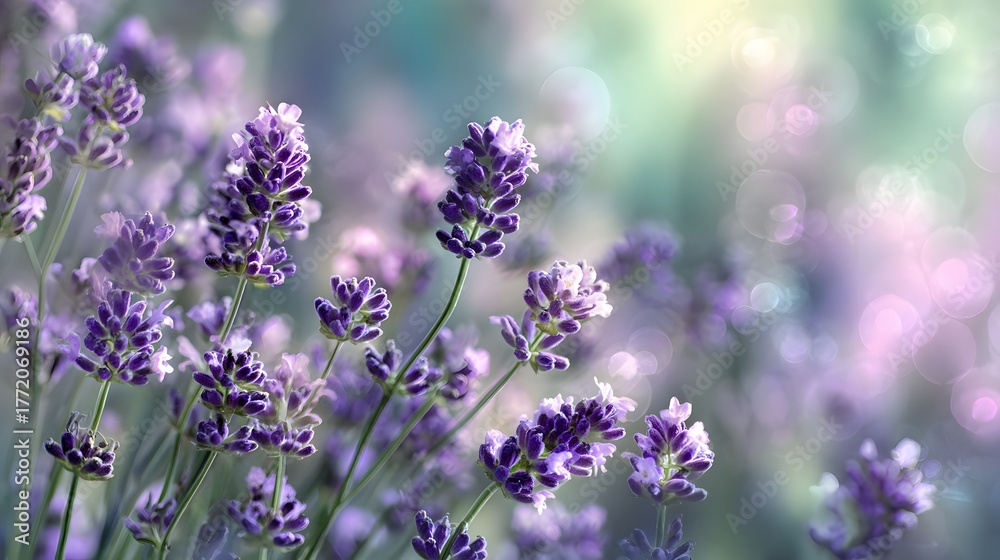 Fototapeta premium Field of purple blossoms displays soft ambient light with gentle bokeh effect