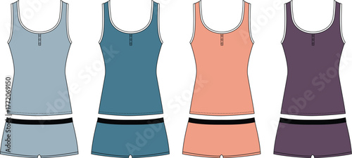 Set of four colorful pajama shorts and tank tops in a row for women