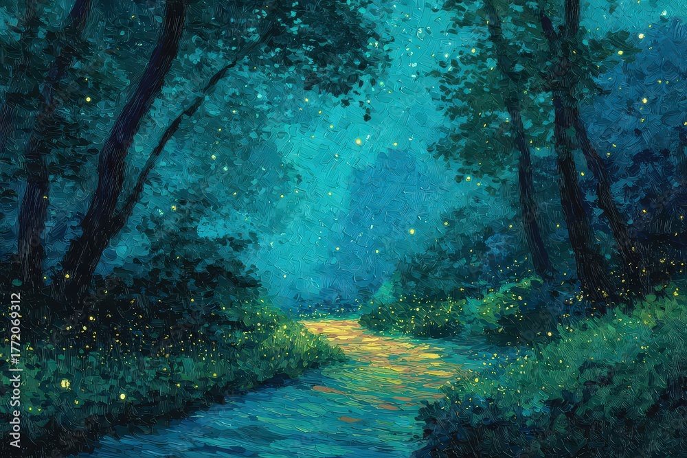 Fototapeta premium Enchanted Forest Path Illuminated By Fireflies At Twilight With Dark Blue And Green Hues