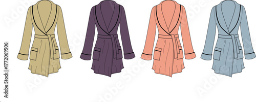 Vector illustration set of women's bathrobes in different colors. Fashion flat technical sketch of cozy homewear for comfort and relaxation