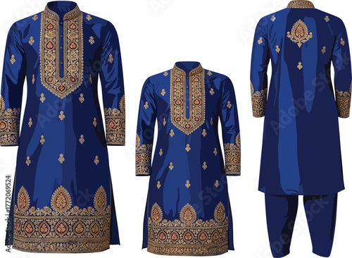 Indian Kurta Pajama Set Vector Illustration — Elegant Fabric Detailing, Ethnic Outfit, Front & Back Views
