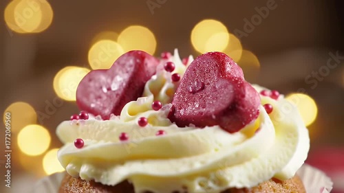 Close Up Of A Creamy Cupcake With Two Red Heart Shaped Toppings And Red Sprinkles On A Warm Blurry Background With