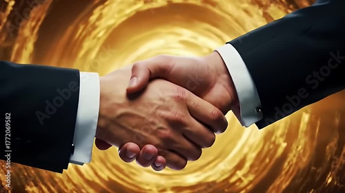 Two Businessmen in Dark Suits Firmly Shaking Hands Against a Swirling Golden Abstract Background Representing