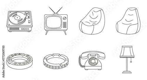 Retro interior design vintage furniture set including beanbags ashtrays lamp record player tv and phone illustrating a 70s lounge style