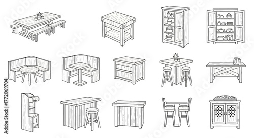 rustic furniture illustration sketched dining sets cabinets tables and bar enhancing restaurant design evoking comfort and rustic charm.