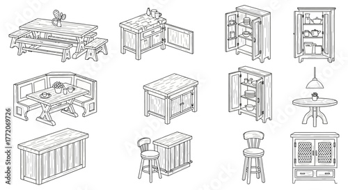 rustic furniture set charming dining and kitchen decor elements featuring a country kitchen design perfect for interior design projects and home furnishing catalogs.