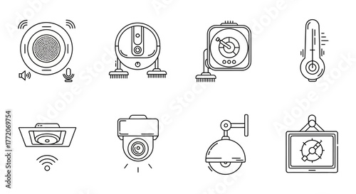 smart home devices line icons featuring security cameras and temperature sensors creating a connected home concept perfect for technology illustration