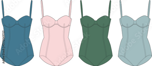Fashionable vector illustration featuring women's one-piece bodysuits or swimsuits in a palette of modern colors, perfect for lingerie, swimwear, and apparel design projects