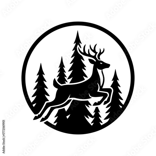 Vector art of deer leaping through a forest of pine trees